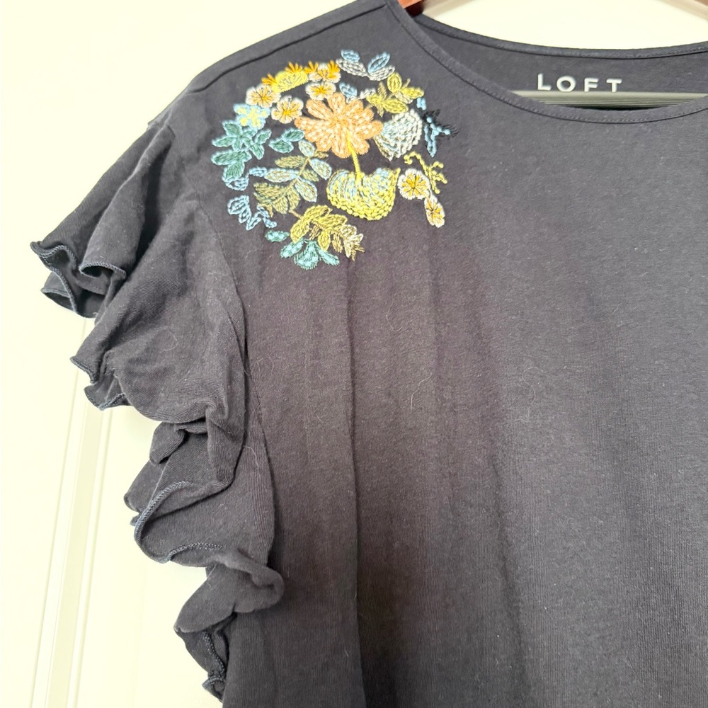 LOFT Floral Embroidered Ruffle Shoulder Tee - Picture 4 of 6